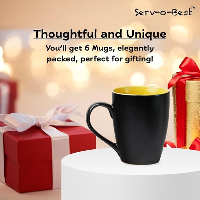 Servo Best Black Coffee Mugs 12 oz, Set of 6 Matte Black Outside and Multicolour Inside Ceramic Mugs - Lead & Toxic Free, Dishwasher & Microwave Safe, Perfect for Home & Office Use