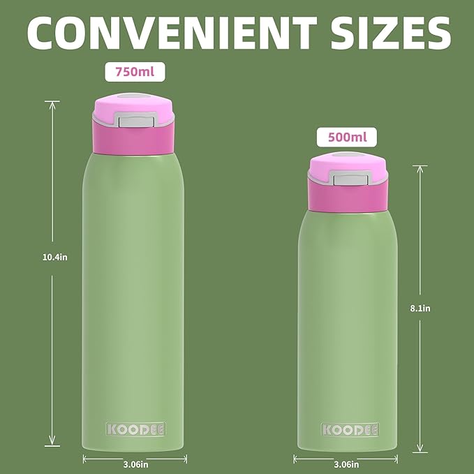koodee Kids 16oz Free-sip Insulated Stainless Steel Water Bottles with Soft Straw,Quick Flip GO Bounce Cup Thermo-flask,Pop & Fill Double-Wall Vacuum Bottle, for School, Sports,Travel(Pink Avocado)