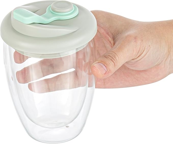 Restaurantware Glass Travel Mug 1 Count 12 Ounce Double Wall Borosilicate Reusable Coffee Cup, Spill-Resistant Gray and Green Silicone Lid, Clear Drinkware Mug for Hot and Cold Beverages