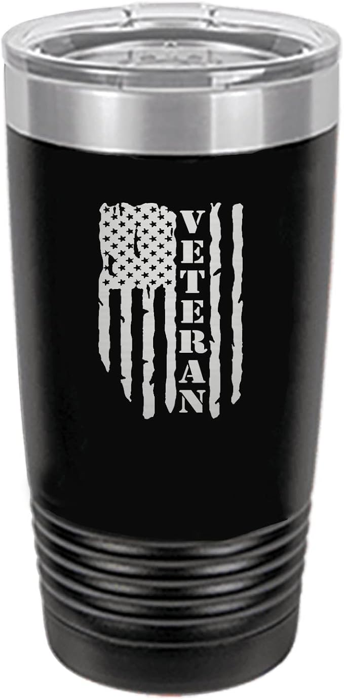 Rogue River Tactical USA Flag Veteran 20 Oz. Travel Tumbler Mug Cup w/Lid Vacuum Insulated Hot or Cold Military Vet Gift (Black)