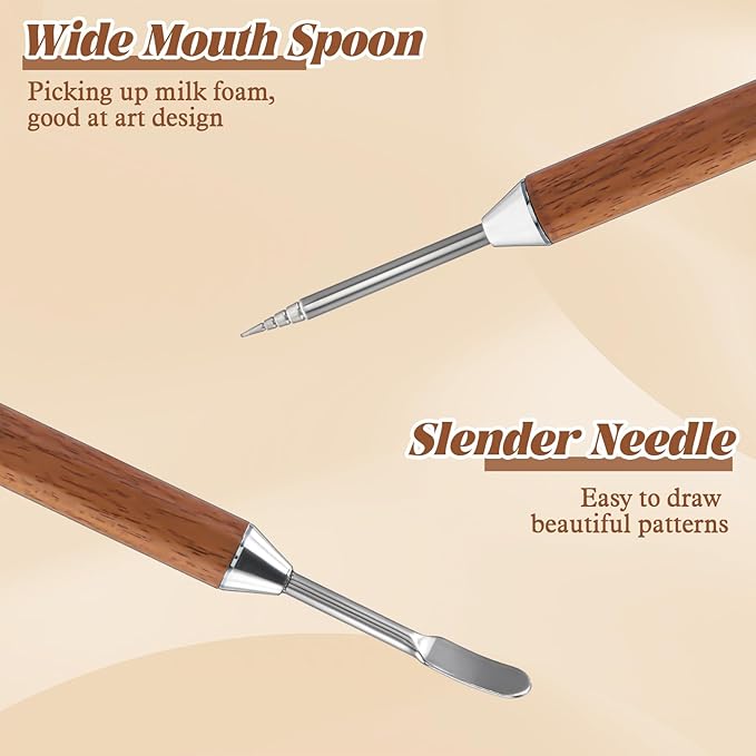 2 Pack Latte Art Stainless Steel Pen Latte Art Tools Barista Tools Wooden Handle with Double Ended Accessories for Home Office Coffee Bar Travel