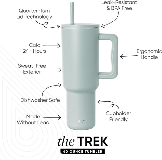 Simple Modern 40 oz Trek Tumbler with Handle and Straw Lid | Cup Holder Friendly Insulated Stainless Steel Travel Mug | Sea Glass Sage
