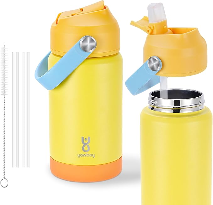 Kids Insulated Water Bottle with Straw Lid & Silicone Handle,12oz Kids Leak Proof Water Bottle for School Boys Girls,Double Wall Vacuum Stainless Steel with Non-slip Silicone Base(Yellow)