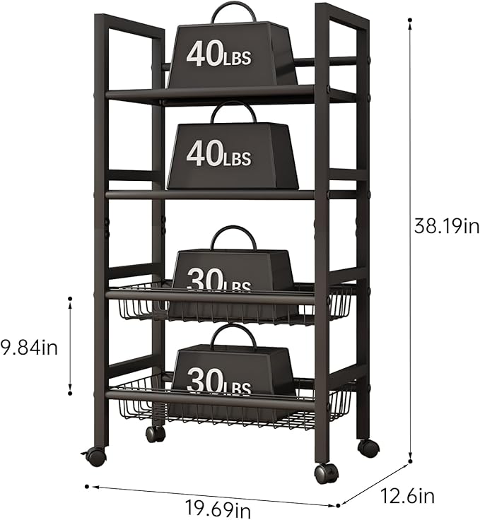4-Tier Metal Rolling Cart with Removable Grid Shelves, Lockable Wheels & Handle for Kitchen, Bathroom, Office Storage, Black (Medium)
