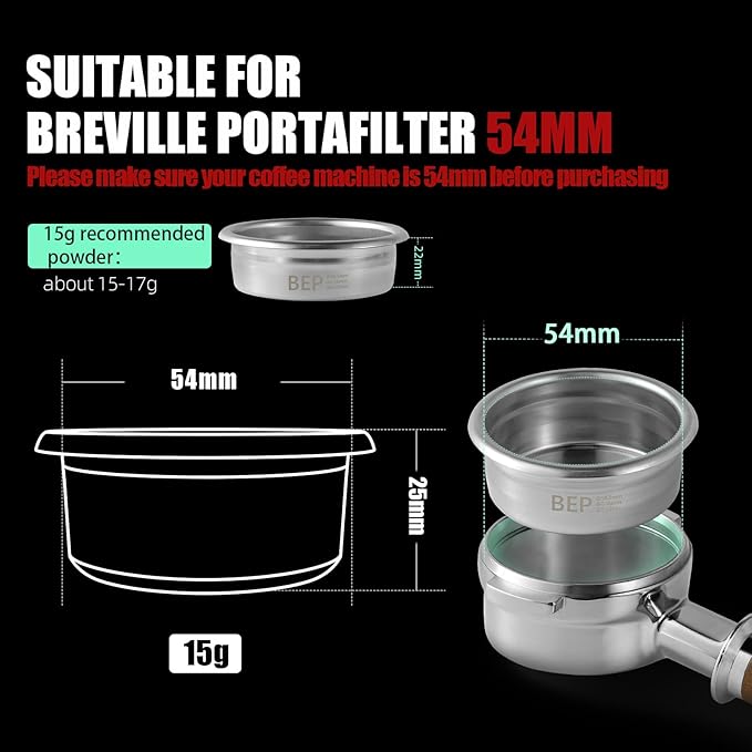 MHW-3BOMBER 54mm Espresso Filter Basket, 15g Double-layer Stainless Steel High Precision Extraction Portafilter Basket Filter Fits Most 54mm Portafilter/Tamper, Ridged, FB5583