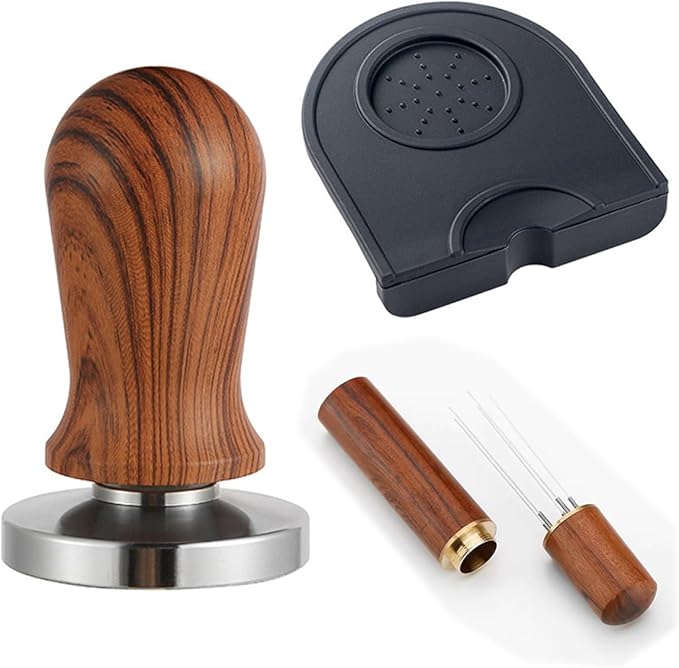 53mm Spring Loaded Espresso Tamper and Stirrer Set, Walnut Wood Coffee Tamper with Tamping Mat and Barista Accessories Kit for Espresso Machine, Wooden