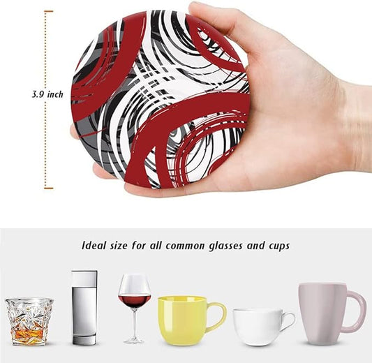 HUXJOKO Coasters for Drinks Set of 6,Red Spiral Design Absorbent Ceramic Coaster,Round Stone Mat,with Cork Base and Metal Holder for Coffee Table Room Bar Home Decor Housewarming Gifts