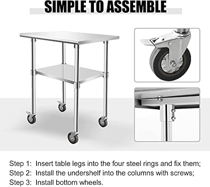 Stainless Steel Table - Metal Table Cart - Commercial Workbench with Caster Wheel - NSF Certified - for Restaurant, Warehouse, Home, Kitchen, Garage,36''x30''