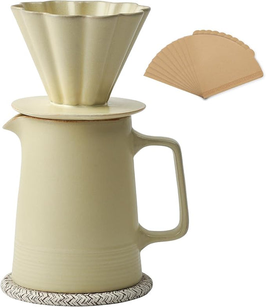 Pour Over Coffee Maker, Ceramic Coffee Dripper with 40pcs V02 Paper Filter & Coaster, 18.2oz/540ml Flower Shape Pour Over Coffee Filter set (Celadon Set)