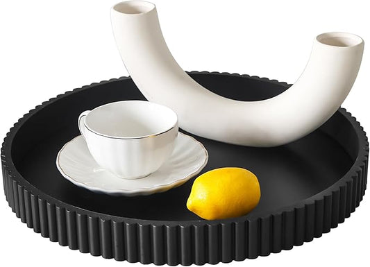 Round Decorative Tray for Coffee Table Decor, 11.8in Black Decorative Serving Tray for Kitchen Counter,bandejas decorativas, Wooden Serving Tray for Party