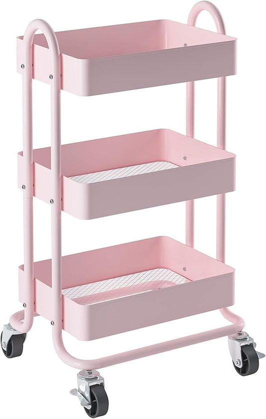 3-Tier Utility Rolling Cart,Kitchen Storage Carts with Wheels,Pink Metal Rolling Cart for Office,Home,Kitchen,Garden（13.4"x18.1"x31"） Pink
