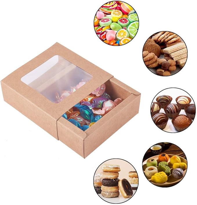 BENECREAT 20 Packs 3.5x3.5x1.2 Square Kraft Paper Gift Boxes Drawer Box with PVC Window Lid for Birthday Party Favor Treats Bakery and Candy
