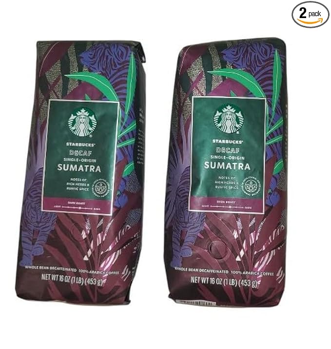 Starbucks Whole Bean Coffee, Decaf Sumatra, 16-Ounce Bags (Pack of 2)