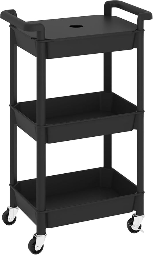 MIOCASA Utility Rolling Cart with Cover Top Board, 3-Tier Kitchen Storage Organization, Art Cart with Wheels for Office, Classroom, Livingroom, Kitchen, Bathroom (Black, 3-Tier-Plastic)