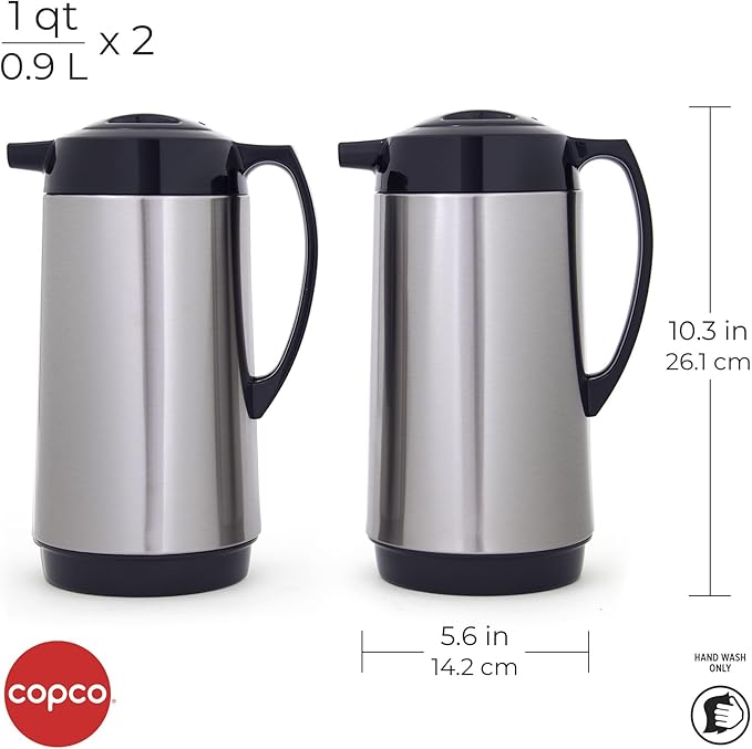 Copco Stainless Steel Insulated Carafes, Large Capacity Each For Serving, Set Of 2, 1 Quart, Silver