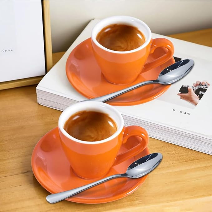 ionEgg Porcelain Espresso Cup with Saucer And Stainless Steel mini Spoons, Espresso shot Cup, 80ml/2.7Oz, Pack of 2, Orange