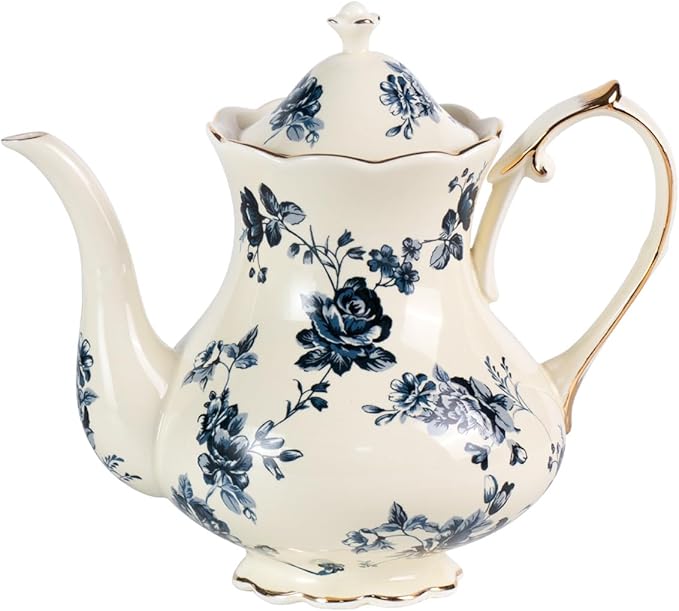 KAMMAK Teapot with Handle, Vintage Porcelain Tea Pot with Gold Trim, Blooming & Loose Leaf Teapot, Festive Holiday Serveware, Gifts for Women, Blue Flowers - 30 oz