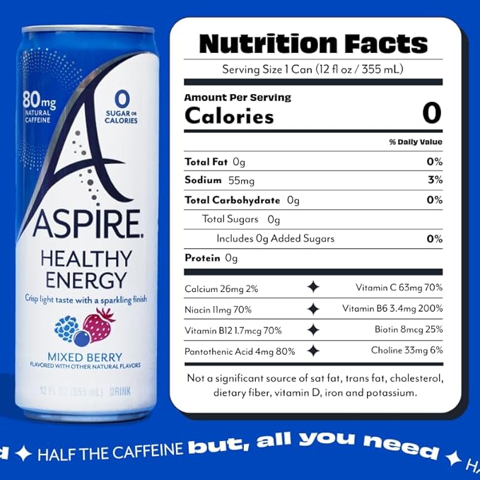 ASPIRE® Mixed Berry, Healthy Energy Drink 80mg Natural Caffeine, Zero Sugar No Carbs Keto Friendly, 12 Pack Green Tea Sugar Free Drink Low Caffeine Zero Calorie