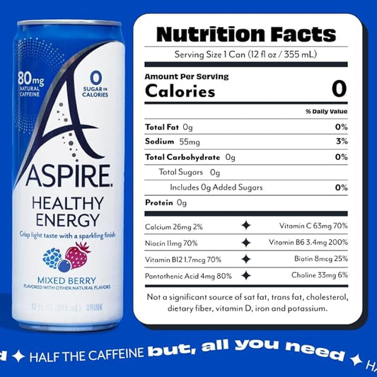 ASPIRE® Mixed Berry, Healthy Energy Drink 80mg Natural Caffeine, Zero Sugar No Carbs Keto Friendly, 24 Pack Green Tea Sugar Free Drink Low Caffeine Zero Calorie