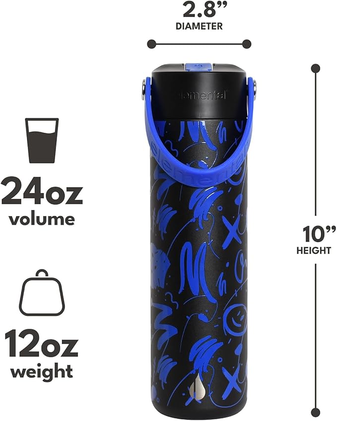Elemental 24oz Insulated Water Bottle with Straw - 100% Leak-Proof Stainless Steel Core Water Bottles for Travel, Sports and Gym - Double Wall Insulation & BPA Free - Freestyle
