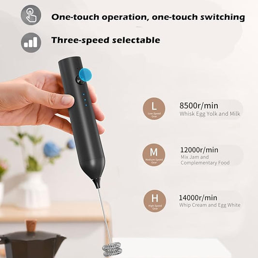 Rechargeable Milk Frother Wand with Stand-Electric Whisk 3 Speed Adjustable,Drink Mixer Handheld with 2 Stainless steel Stirrers,Hand Coffee Frother for Lattes Cappuccino Protein Powder Egg