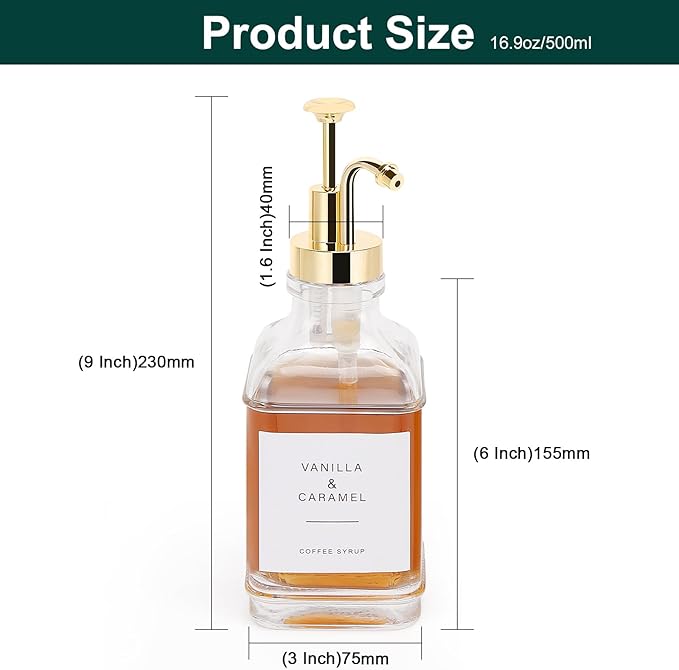 BathAce Coffee Syrup Dispenser for Coffee Bar, Clear Glass Syrup Bottles with Pump, Refillable Maple Syrup Storage, Coffee Station Accessories and Organizer, 500ml, Set of 2 (Gold)