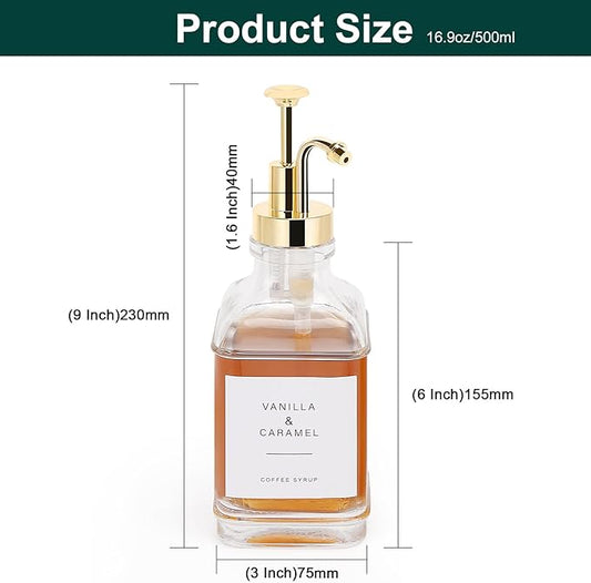 BathAce Coffee Syrup Dispenser for Coffee Bar, Clear Glass Syrup Bottles with Pump, Refillable Maple Syrup Storage, Coffee Station Accessories and Organizer, 500ml, Set of 2 (Gold)