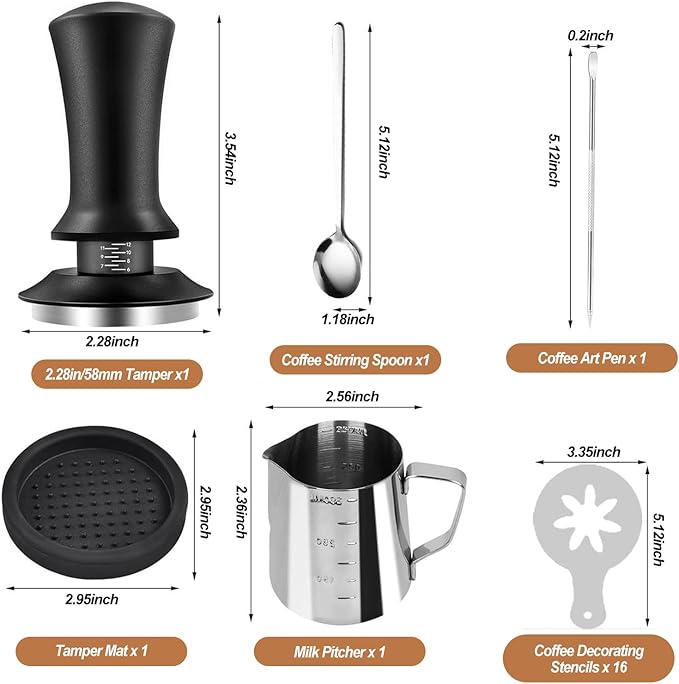 Espresso Tamper Set with Milk Pitcher, Coffee Art Pen, Stirring Spoon, Tamper Mat & 16 Stencils - Barista Tools Kit for Latte Art & Espresso Making (6 SET)