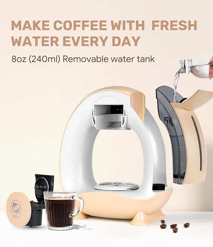 2-in-1 Coffee Maker, Fast Brew in 1.5mins, Single Serve Coffee Machine Compatible with K-Cup Pods & Ground Coffee, 1400W 20s Preheat, Compact for Home,Small Place,Office&RV, 8oz,Champagne