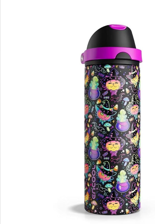 Insulated Water Bottle with Straw - Encool Stainless Steel Water Bottle with Push Button Lid, Leak-Proof & BPA-Free, Keeps Cold for 24 Hours for Sports, Travel, Gym (24 oz, Meowgic Night)