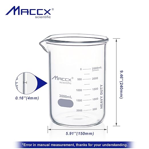 101.5oz(3000ml) Sturdy Glass Beaker, Heavy-Duty 3L Lab Beakers, 3.3 Borosilicate Griffin Low Form with Printed Graduation, BKL3K0-001