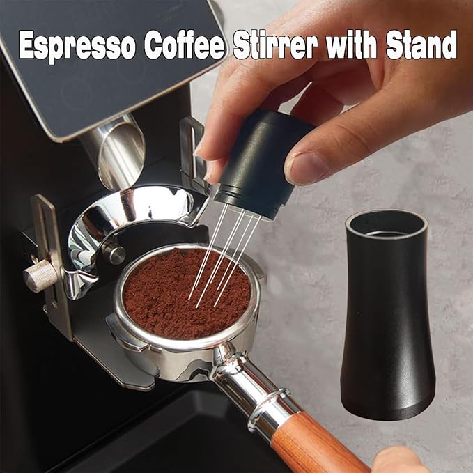 Espresso WDT Tool with Stand, Black Aluminum and Stainless Steel Coffee Distribution Stirrer, Replaceable Needles