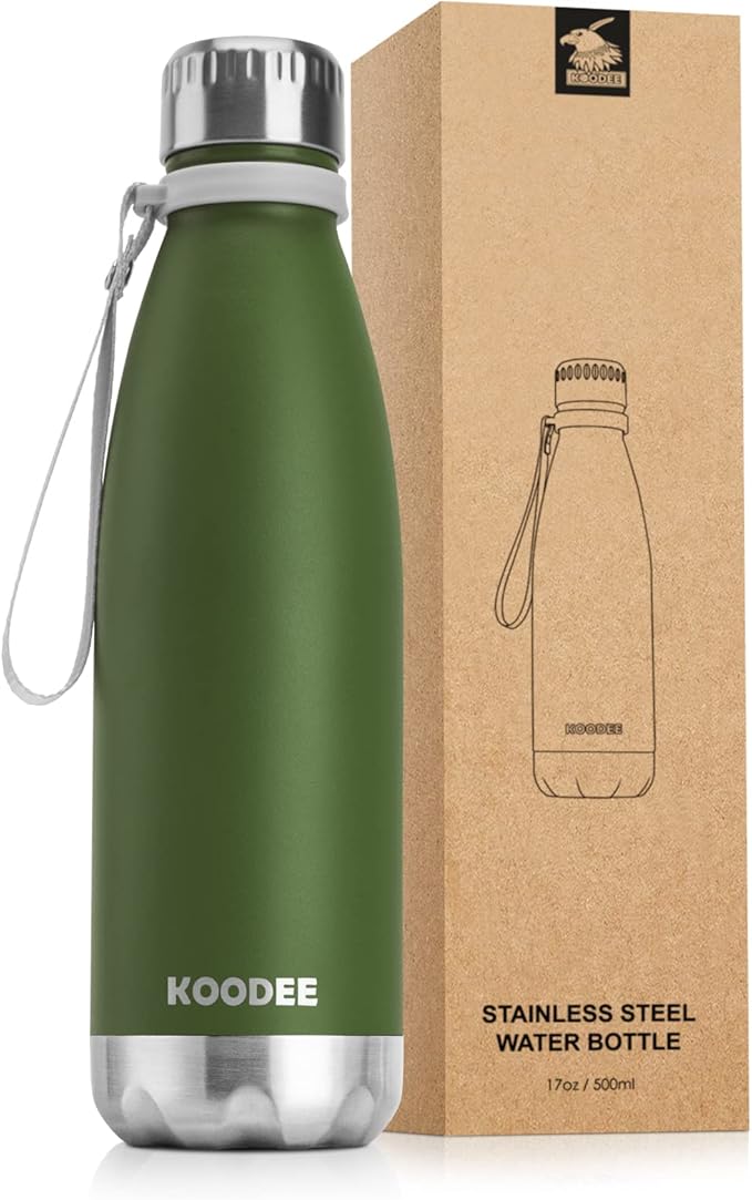 koodee Water Bottle-17 oz Stainless Steel Double Wall Vacuum Insulated Water Bottle BPA Free, Leak Proof Sports Water Bottle for School(Grass Green)