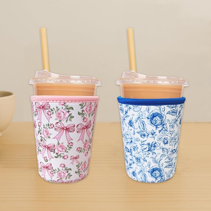 Reusable Insulated Neoprene Iced Coffee Cup Sleeve, Durable Drink Sleeve for Cold Beverages, Beverage Holder for Iced Coffee, Vintage Blossoms