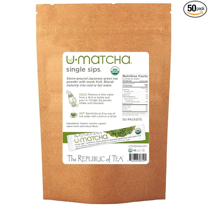 The Republic of Tea Organic U-Matcha Single Sips, 50 Single Servings of Premium Instant Matcha