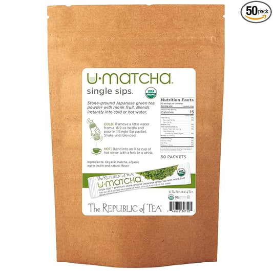 The Republic of Tea Organic U-Matcha Single Sips, 50 Single Servings of Premium Instant Matcha