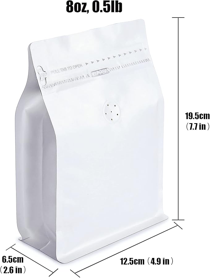 White Kraft Paper Stand Up Coffee Bag/Flat Bottom Coffee Pouch with One Way Degassing Valve and Reusable Side Zipper(Pull Tab to Open) (8oz, 0.5lb, 50 Pieces)