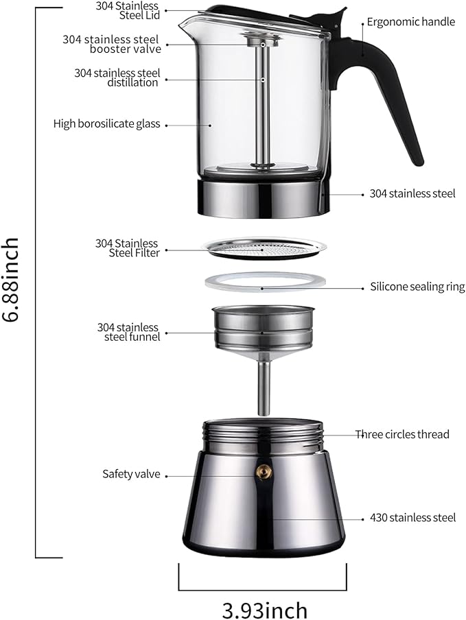 SIXAQUAE Moka Induction Stovetop Espresso Maker With Pressure valve,Crystal Glass-top & Stainless Steel Esprosso Moka Pot,240ml Classic Italian Coffee Maker