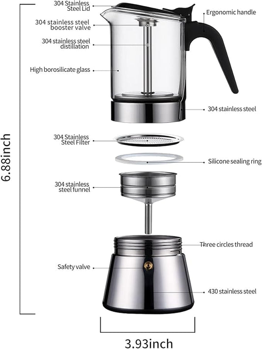 SIXAQUAE Moka Induction Stovetop Espresso Maker With Pressure valve,Crystal Glass-top & Stainless Steel Esprosso Moka Pot,240ml Classic Italian Coffee Maker