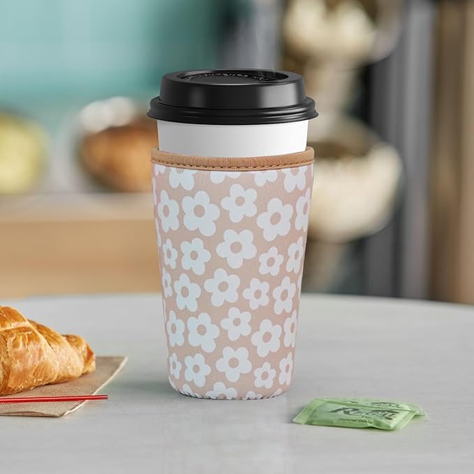 Reusable Insulated Neoprene Iced Coffee Cup Sleeve, Durable Drink Sleeve for Cold Beverages, Beverage Holder for Iced Coffee, Creamy Florals