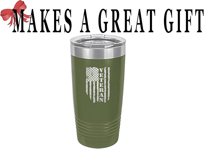 Rogue River Tactical USA Flag Veteran 20 Oz. Travel Tumbler Mug Cup w/Lid Vacuum Insulated Hot or Cold Military Vet Gift (Green)