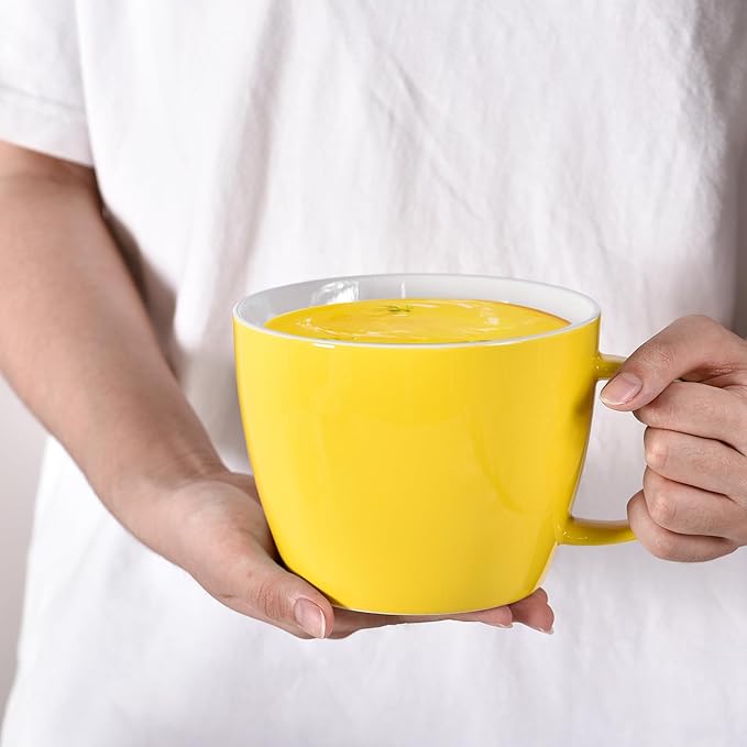30 oz Extra-Large Coffee Mug, Wide Ceramic Coffee Cup Soup Bowl with Handle, Glamorous Latte Cup Big Blew Suitable for Coffee Soup Daily Drinkings at Home, Office, Hotel or Restaurant, Yellow-White
