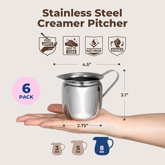 Fit Meal Prep [6 Pack] 8 oz Creamer Pitcher - Stainless Steel Bell Creamers, Mini Cup Container for Serving Milk, Coffee Cream, Salad Dressing, Maple Syrup, Espresso Machine for Restaurant, Cafes