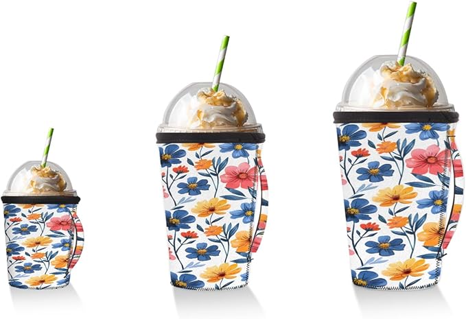 Reusable Iced Coffee Cup Sleeve Colorful Flowers Neoprene Insulated Sleeves Cup Holder with handle Idea for 16oz - 18oz