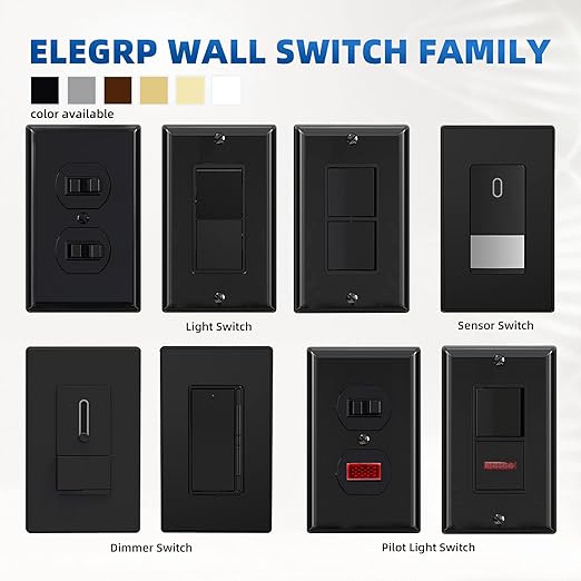 ELEGRP Decorator Double Rocker Light Switch, Two Single Pole Electrical Paddle, 15A 120V, In-Wall On/Off, Self-grounding, Wall Plate Included, UL Listed (1 Pack, Glossy Black)