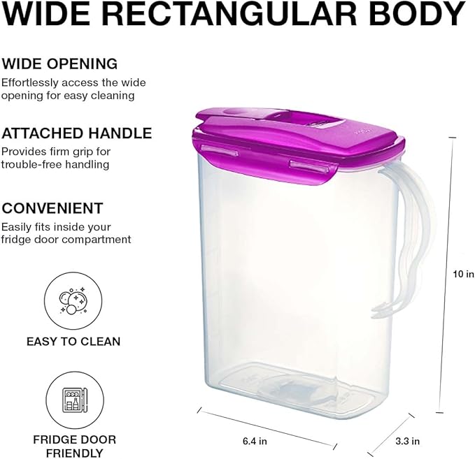 LocknLock HAP607P Aqua Fridge Door Water Jug with Handle, BPA-Free Plastic Pitcher with Flip-Top Lid and Easy-Pour Spout for Water, Juice, Tea, and Other Drinks, 3-Quart, Purple