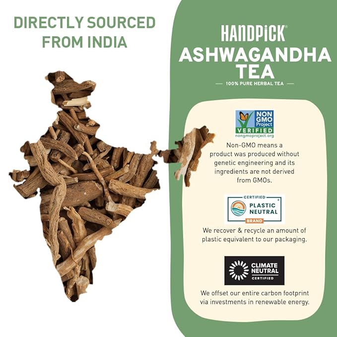 HANDPICK, Ashwagandha Root Tea (100 tea Bags) | Caffeine Free, Gluten Free | Packed in Ecofriendly Tea Bags