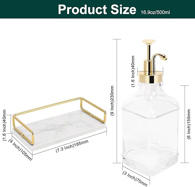 BathAce Coffee Syrup Dispenser for Coffee Bar, Clear Glass Syrup Bottles with Pump, Refillable Maple Syrup Storage, Coffee Station Accessories and Organizer, 500ml, Set of 2 + Tray (Gold)
