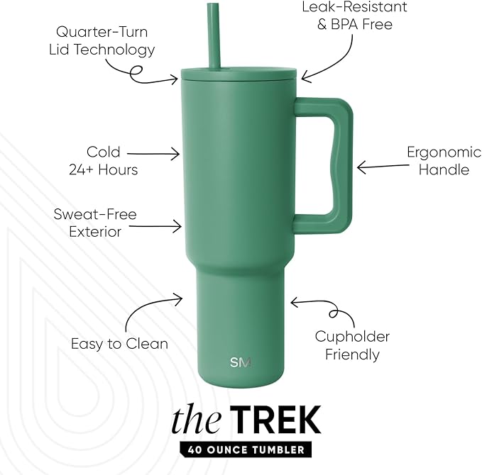 Simple Modern 40 oz Trek Tumbler with Handle and Straw Lid | Cup Holder Friendly Insulated Stainless Steel Travel Mug | Basil