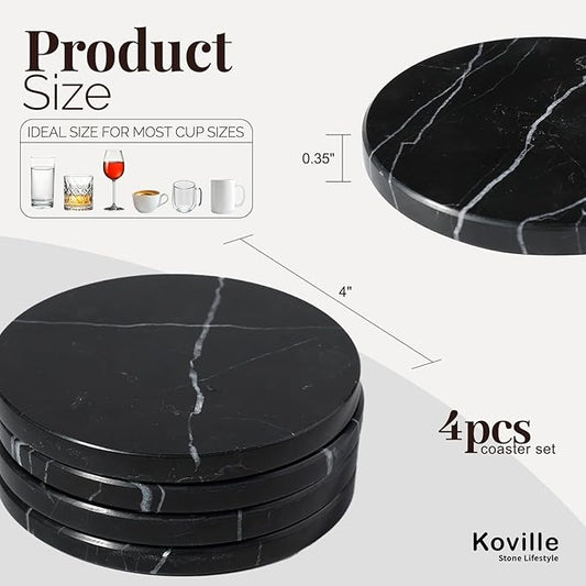 Koville Marble Coaster Set of 4, Round Coasters, 4" Stone Coaster for Drinks Coffee, White Marble Coasters for Coffee Table Home Bar Decor, Heat Resistant, Gift Choice(Black)